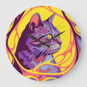 Abstract Cat: Pop Art Psychedelic Swirl Large Clock
