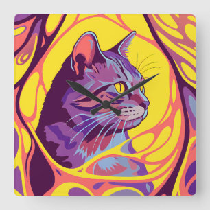 Abstract Cat: Pop Art Psychedelic Swirl Square Wall Clock