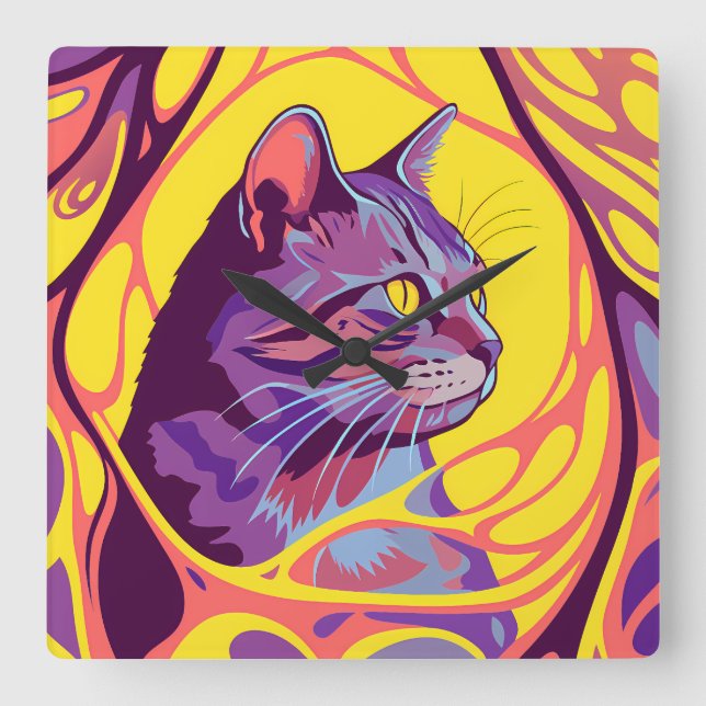 Abstract Cat: Pop Art Psychedelic Swirl Square Wall Clock (Front)