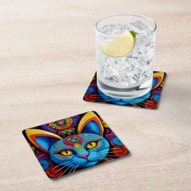 Abstract Cat with Yellow Eyes  Square Paper Coaster (Creator Uploaded)