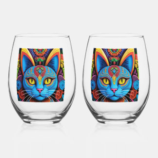 Abstract Cat with Yellow Eyes     Stemless Wine Glass