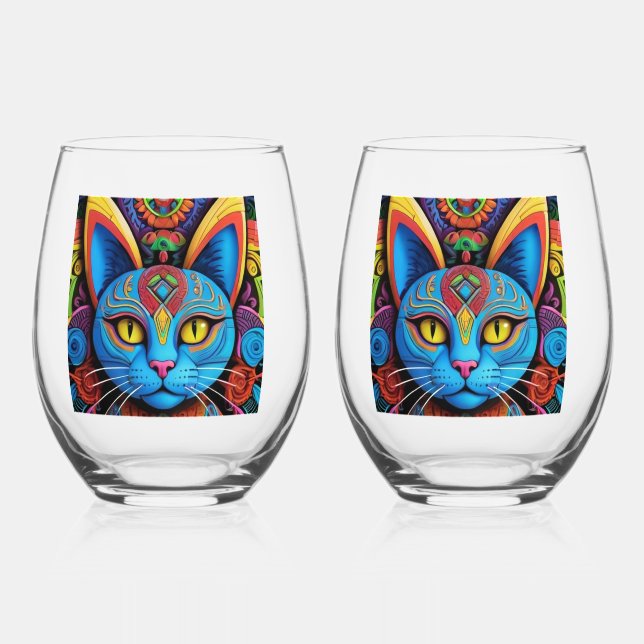 Abstract Cat with Yellow Eyes     Stemless Wine Glass (Front)