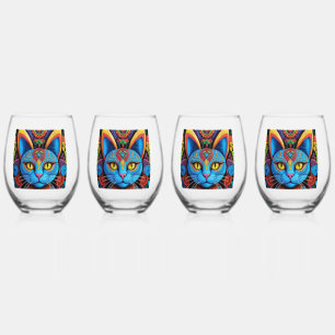 Abstract Cat with Yellow Eyes Stemless Wine Glass