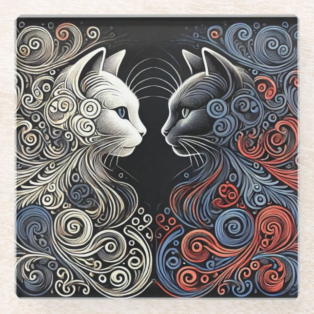 Abstract cats art glass coaster (Front)