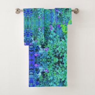 Abstract Chartreuse and Blue Foliage Pattern Bath Towel Set