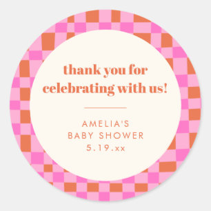 Abstract Checker Pink Custom Baby Shower Thank Classic Round Sticker