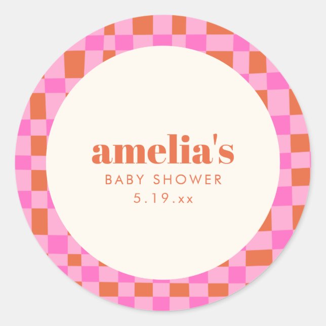 Abstract Checker Pink Orange Custom Baby Shower Classic Round Sticker (Front)