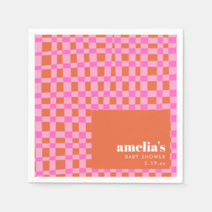 Abstract Checker Pink Orange Custom Baby Shower Napkin