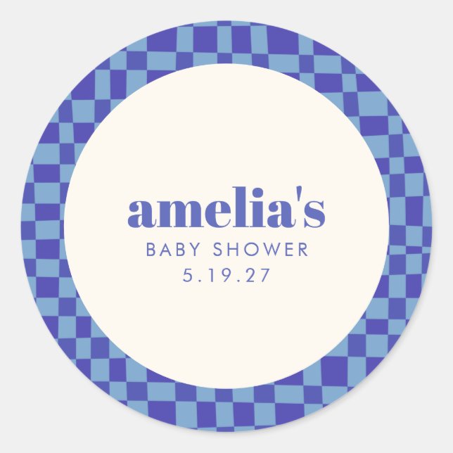 Abstract Chequerboard Blue Custom Baby Shower Classic Round Sticker (Front)