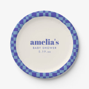 Abstract Chequerboard Blue Custom Baby Shower Paper Plate