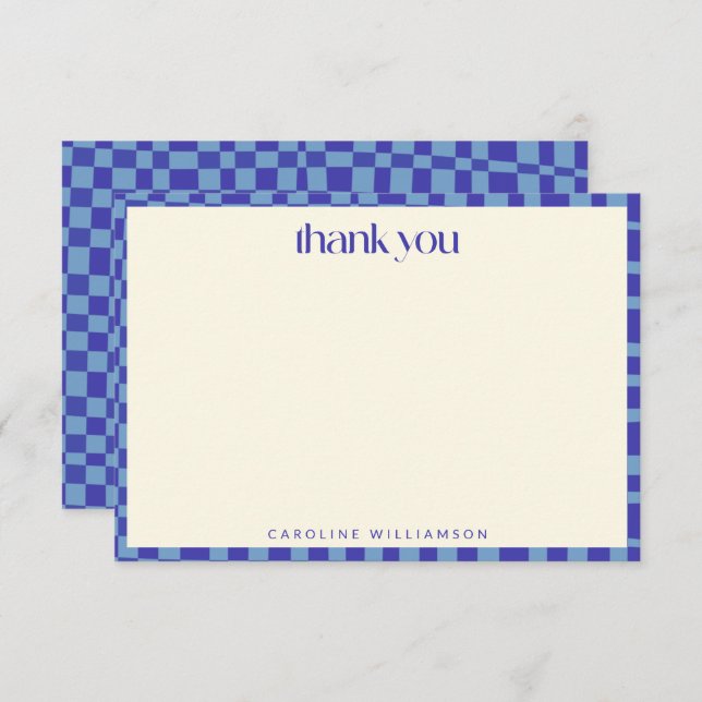 Abstract Chequerboard Blue Personalised Name Thank You Card (Front/Back)