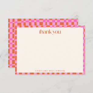 Abstract Chequerboard Pink Orange Custom Name Thank You Card