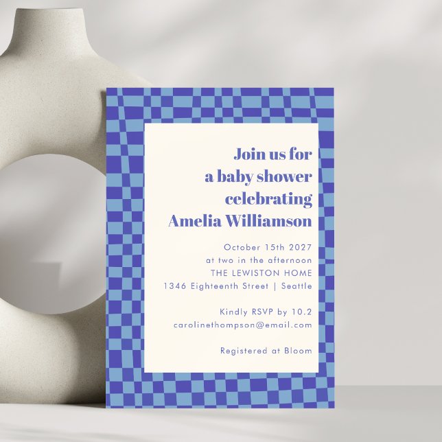 Abstract Chequered Art Blue Retro Baby Shower Invitation (Creator Uploaded)