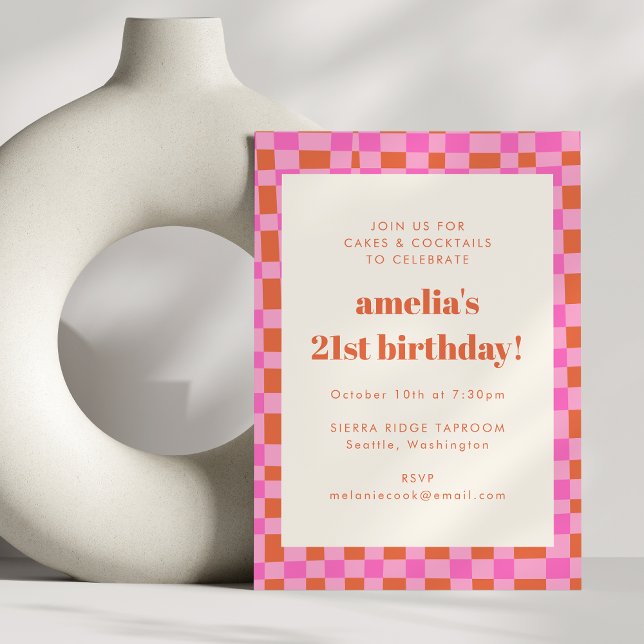 Abstract Chequered Art Pink Orange 21st Birthday Invitation (Creator Uploaded)