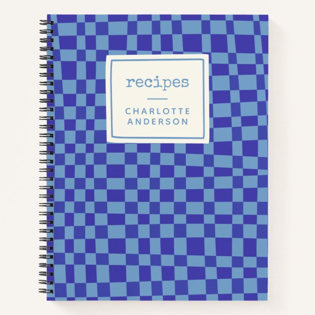 Abstract Chequered Pattern Blue Custom Recipe Notebook (Front)