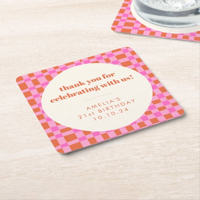 Abstract Chequered Pink Custom 21st Birthday Thank Square Paper Coaster (Angled)