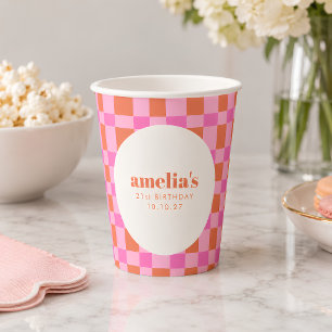 Abstract Chequered Pink Orange Custom 21st Birthd Paper Cups