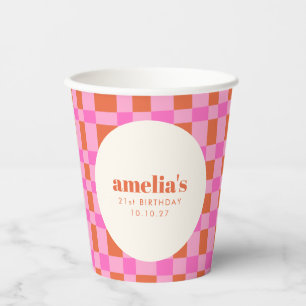 Abstract Chequered Pink Orange Custom 21st Birthd Paper Cups