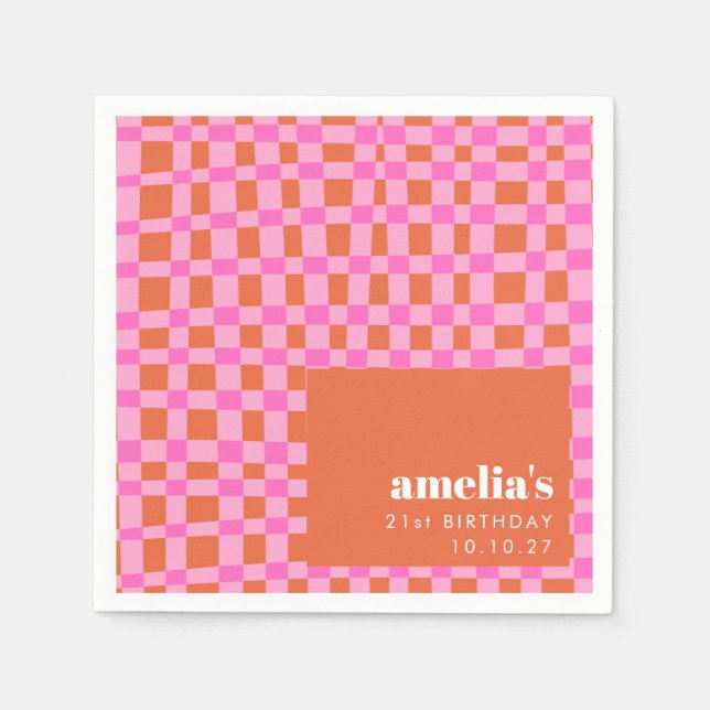 Abstract Chequered Pink Orange Custom 21st Birthda Napkin (Front)