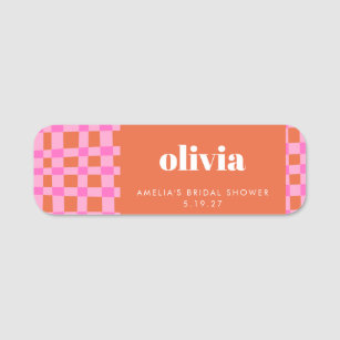 Abstract Chequered Pink Orange Custom Bridal Showe Name Tag
