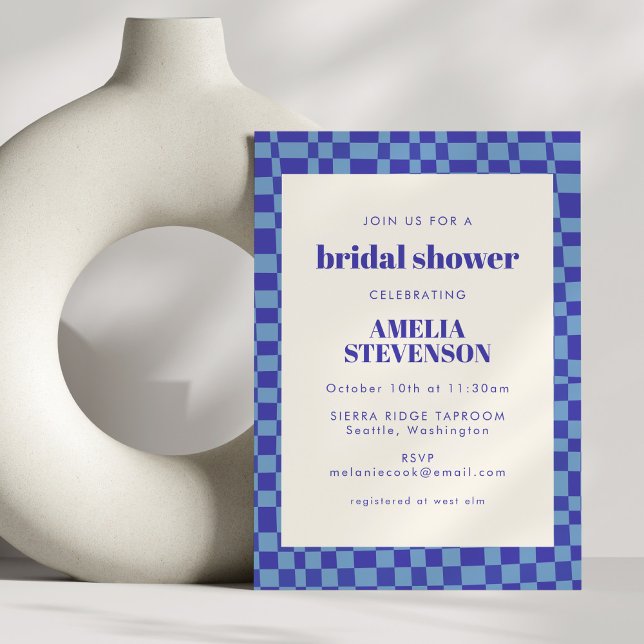 Abstract Chequered Retro Blue Bridal Shower Invitation (Creator Uploaded)
