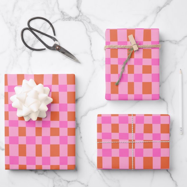 Abstract Chequered Shapes Pattern in Pink  Wrapping Paper Sheet (Front)