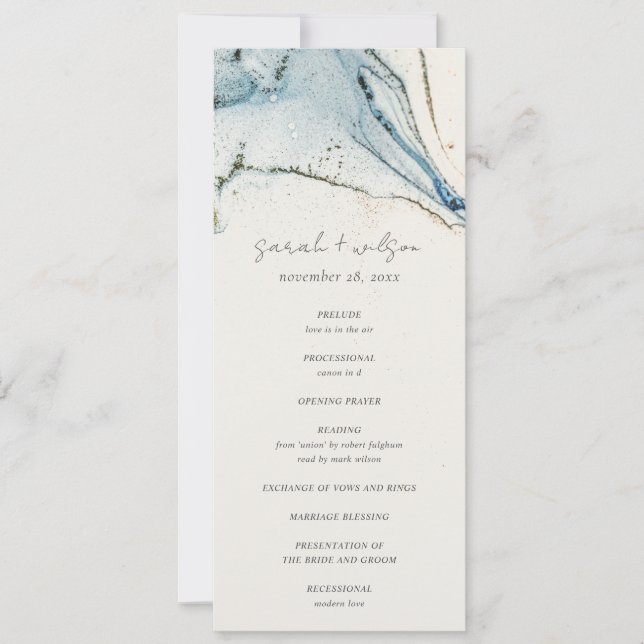 Abstract Chic Blue Gold Beachy Wedding Program Invitation (Front)