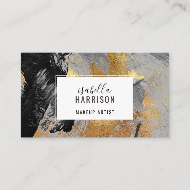 Abstract Chic Gold Glitter Black Brushstrokes  Business Card (Front)