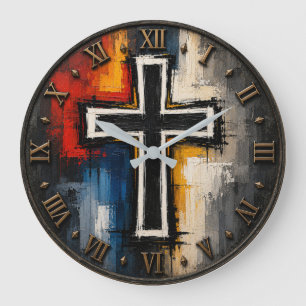 Abstract Christian Cross Modern Faith Art Large Clock