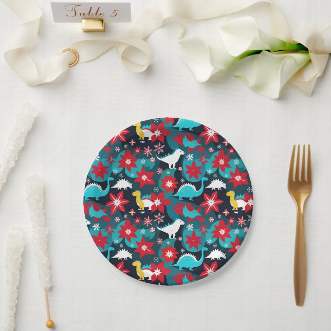 Abstract Christmas Dinosaurs in Retro Colours Paper Plate (Wedding)