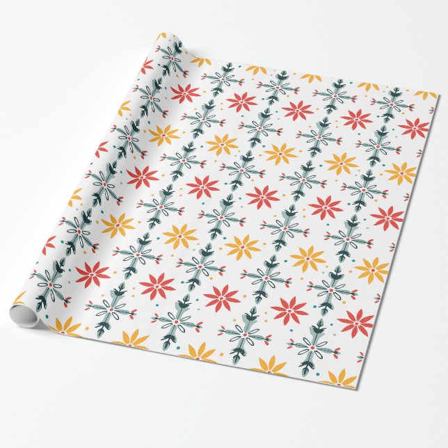 Abstract Christmas Flowers Wrapping Paper (Unrolled)