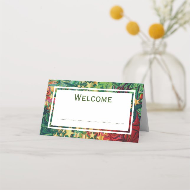 Abstract CHRISTMAS STARS Red Green Gold CUSTOM Place Card (Front)