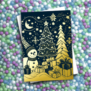 Abstract Christmas Theme Snowman Gold Foil Foil Holiday Card