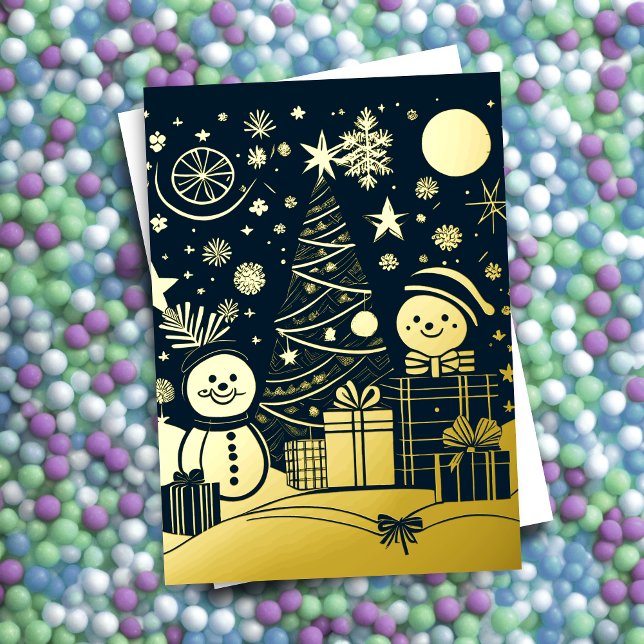 Abstract Christmas Theme Snowmen Gold Foil Holiday Card (Creator Uploaded)