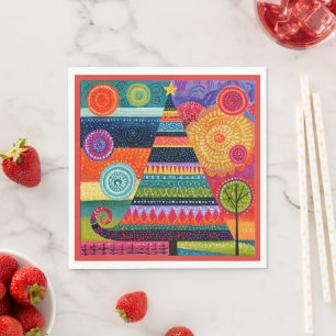 Abstract Christmas Tree, Colourful Folk Art, Napkin