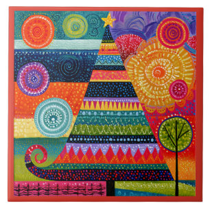Abstract Christmas Tree, Colourful Folk Art, Tile