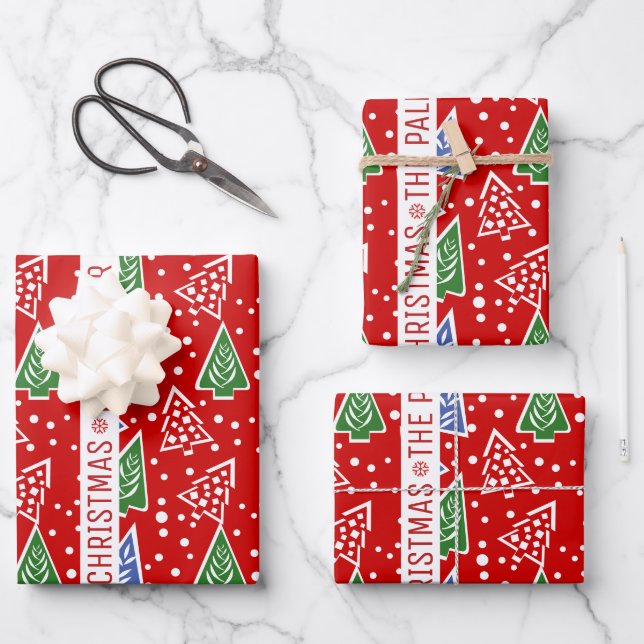 Abstract Christmas trees and ribbon red holiday Wrapping Paper Sheet (Front)