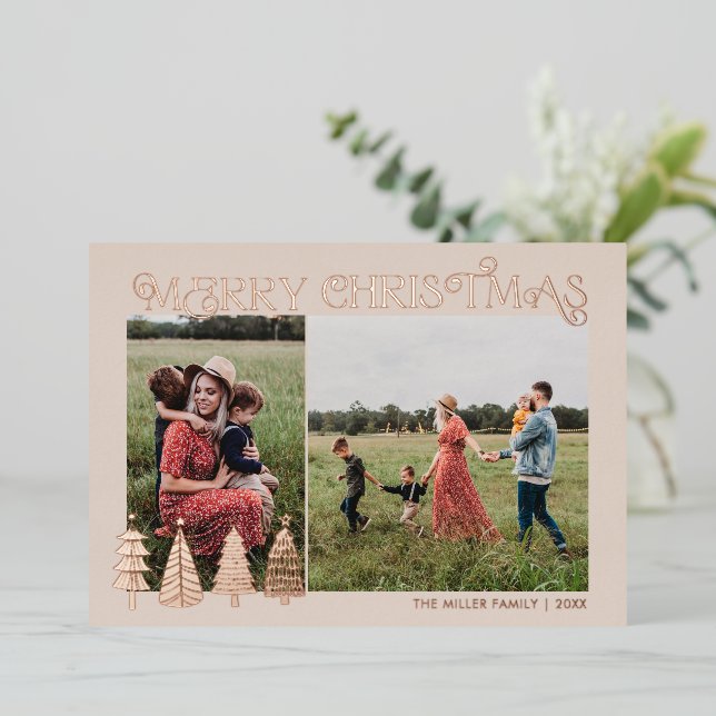  Abstract Christmas Trees Two Photo Gold Foil Holi Foil Holiday Card (Standing Front)