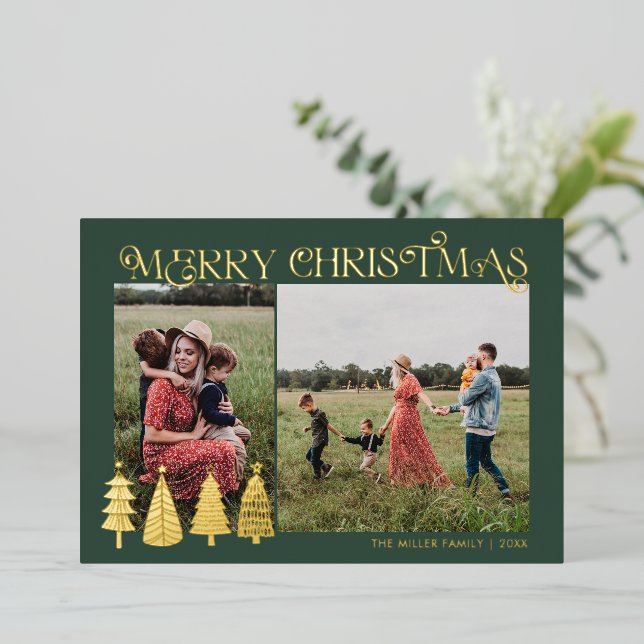  Abstract Christmas Trees Two Photo Gold Foil Holiday Card (Standing Front)
