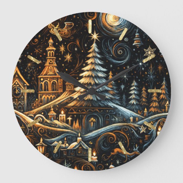 Abstract Christmas Village Chalk Drawing Night Sky Large Clock (Front)