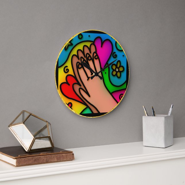 Abstract chromatic praying colorful jesus hands large clock (Office)