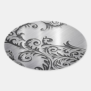 abstract chrome silver metallic floral pattern oval sticker