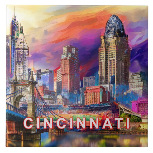 Abstract Cincinnati Skyline Art Modern City Tile (Front)