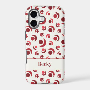 Abstract circles and crescents in red plus Name