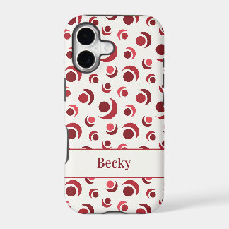 Abstract circles and crescents in red plus Name