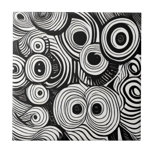 Abstract circles eyes art black white tile (Front)
