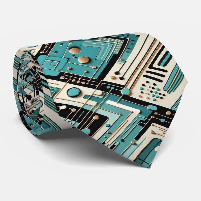 Abstract Circuit Board - Retro Mid Century Modern  Tie (Rolled)