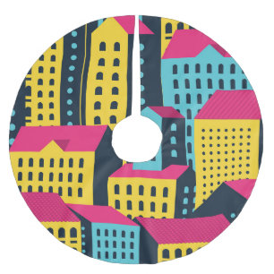 Abstract City Buildings Landscape Vintage Brushed Polyester Tree Skirt