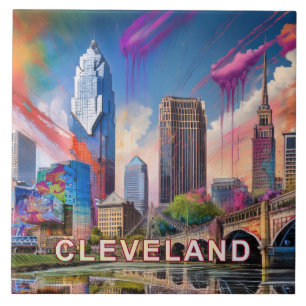 Abstract Cleveland Skyline Art Modern City Tile