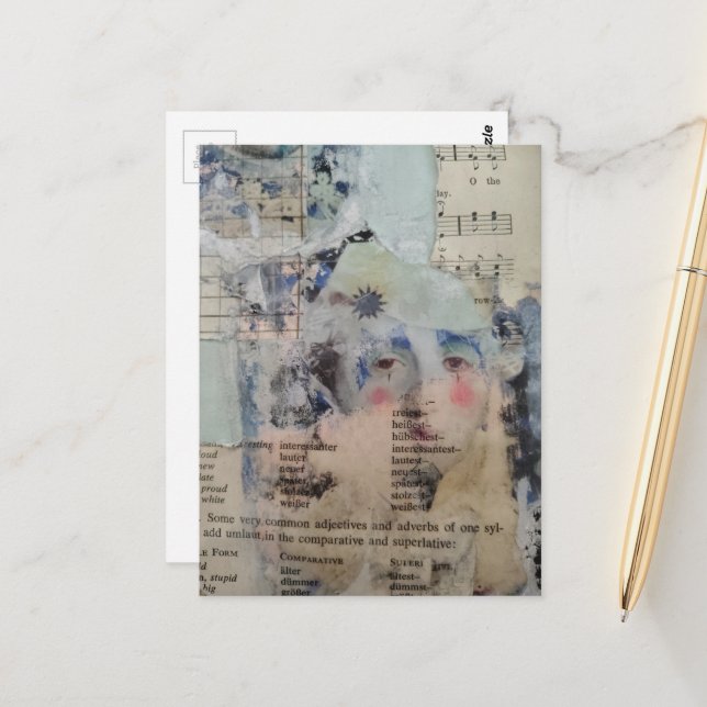 Abstract Clown Face Grunge Collage Postcard (Front/Back In Situ)